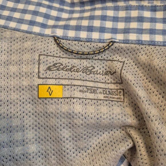 Eddie Bauer Men's Dusty Blue & White Mini Gingham Check Button Down Short Sleeve - Picture 10 of 11